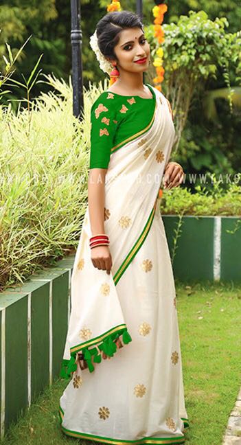 Green White Chanderi Pure Cotton Sarees - Dailybuyys