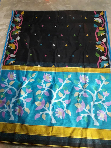 Black Blue Silk Pure Linen Sarees