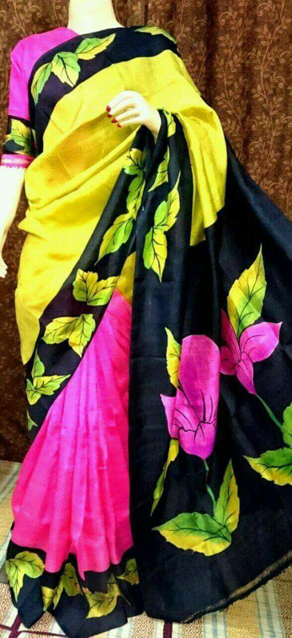 Yellow Pink Pure Silk Mark Certified Murshidabad Silk Sarees - Dailybuyys
