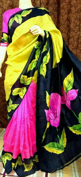 Yellow Pink Pure Silk Mark Certified Murshidabad Silk Sarees