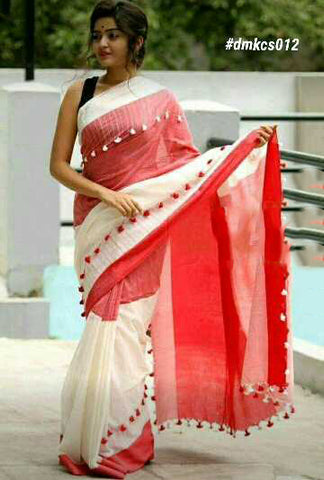 Red White Bengal Handloom Khadi Sarees Get Extra 10% Discount on All Prepaid Transaction