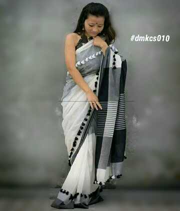 White Black Bengal Handloom Khadi Sarees - Dailybuyys