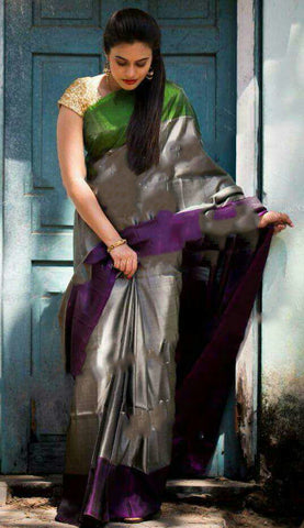 Ash color saree with self emboss thread work border - Sri Kumaran Stores