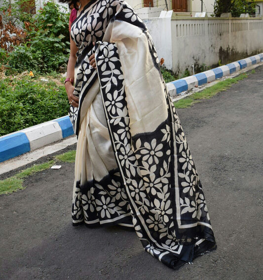 Black Beige Pure Silk Mark Certified Murshidabad Silk Sarees - Dailybuyys