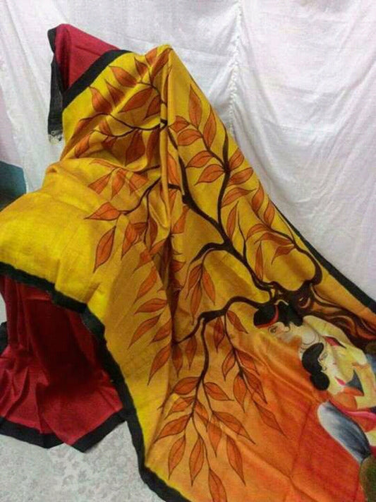Yellow Red Pure Silk Mark Certified Murshidabad Silk Sarees - Dailybuyys