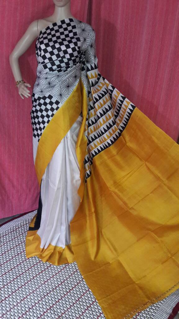 Yellow White Pure Silk Mark Certified Murshidabad Silk Sarees - Dailybuyys