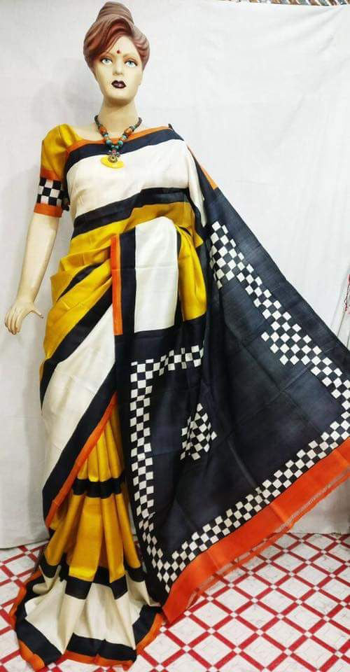 Yellow Black Pure Silk Mark Certified Murshidabad Silk Sarees - Dailybuyys
