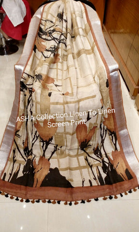 Beige Pure Linen Boutique Special Sarees