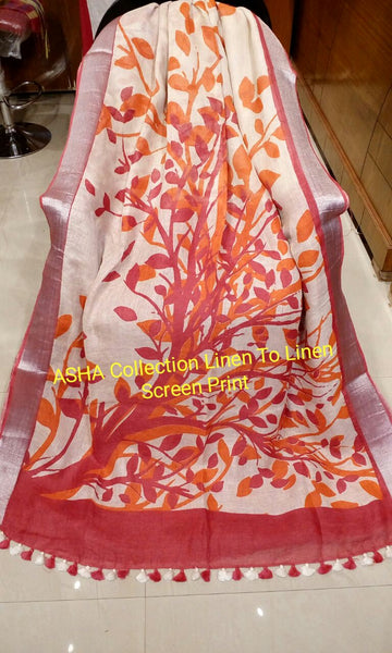 Red Beige Pure Linen Boutique Special Sarees