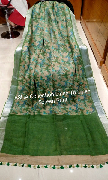 Green Beige Pure Linen Boutique Special Sarees