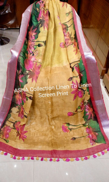 Yellow Pure Linen Boutique Special Sarees