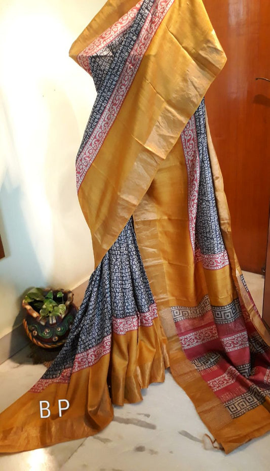 Grey Yellow  Zari KK Block Printed  Zari Border Pure Silk Mark Certified Tussar Silk Sarees - Dailybuyys