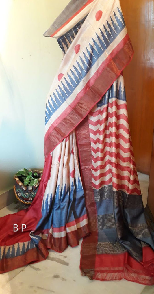 Red Beige  Zari KK Block Printed  Zari Border Pure Silk Mark Certified Tussar Silk Sarees - Dailybuyys