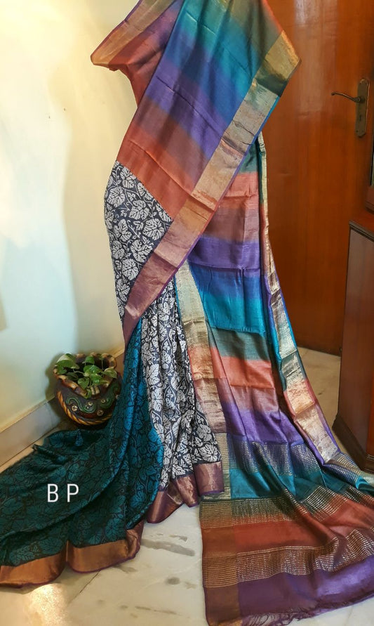 Blue Block Printed  Zari Border Pure Silk Mark Certified Tussar Silk Sarees - Dailybuyys