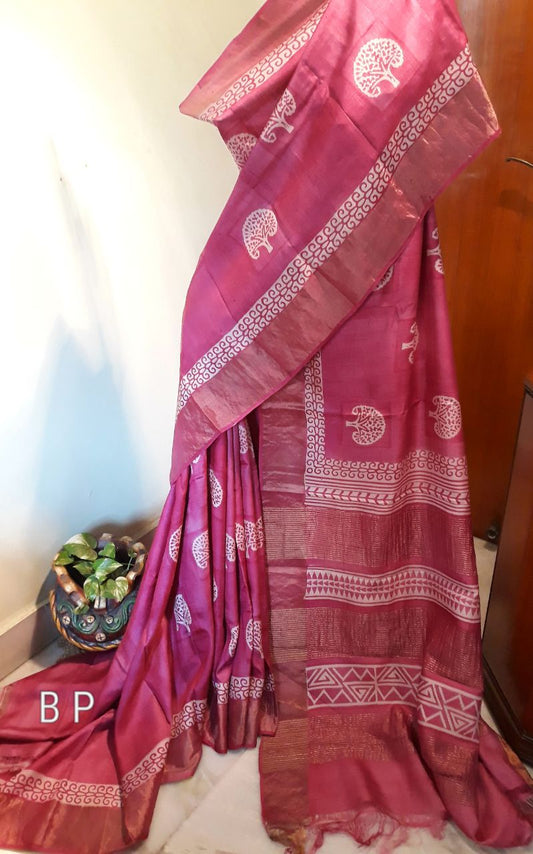 Pink  Zari KK Block Printed  Zari Border Pure Silk Mark Certified Tussar Silk Sarees - Dailybuyys