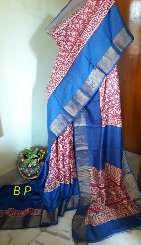 Blue Pink Block Printed  Zari Border Pure Silk Mark Certified Tussar Silk Sarees