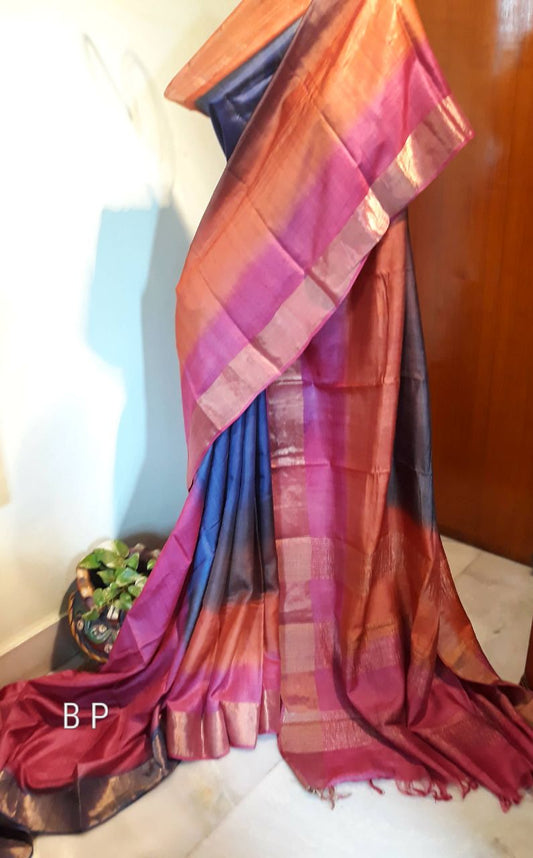 Pink Blue  Zari KK  Zari Border Pure Silk Mark Certified Tussar Silk Sarees - Dailybuyys