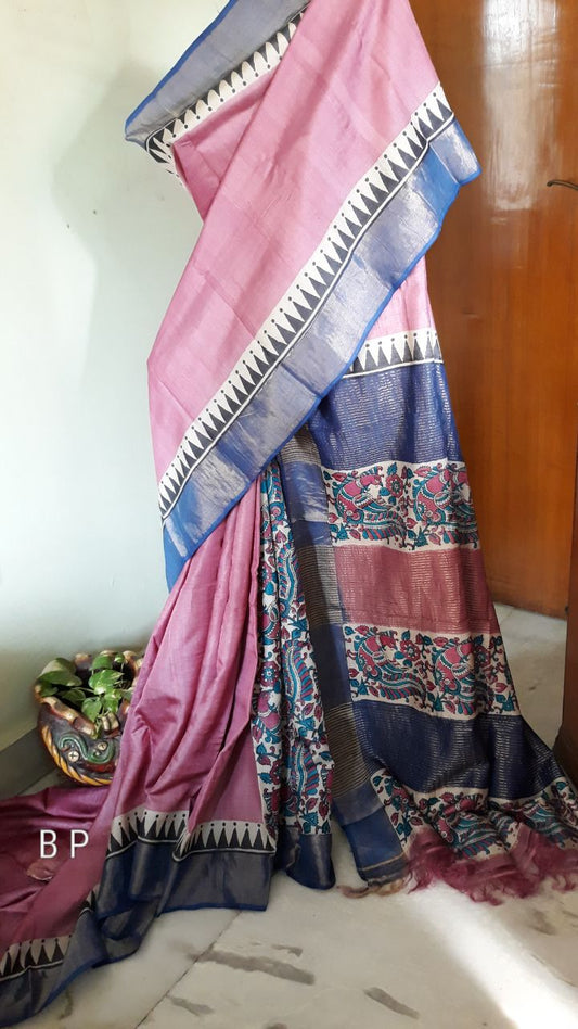 Pink  Zari KK  Zari Border Pure Silk Mark Certified Tussar Silk Sarees - Dailybuyys