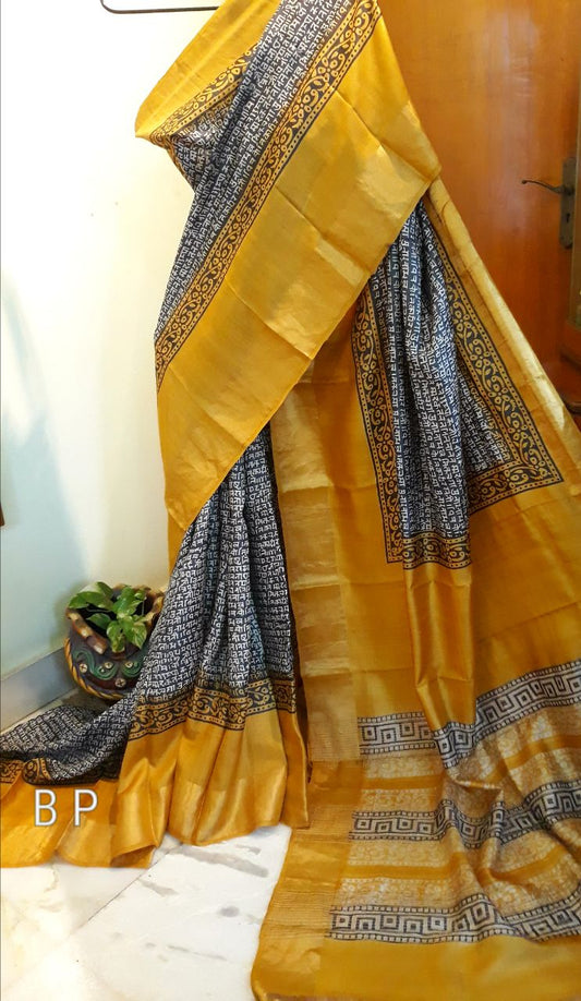 Yellow Grey  Zari KK Block Printed  Zari Border Pure Silk Mark Certified Tussar Silk Sarees - Dailybuyys