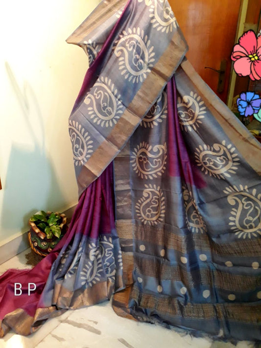 Purple Beige Hand Painted Zari Border Pure Silk Mark Certified Tussar Silk Sarees - Dailybuyys