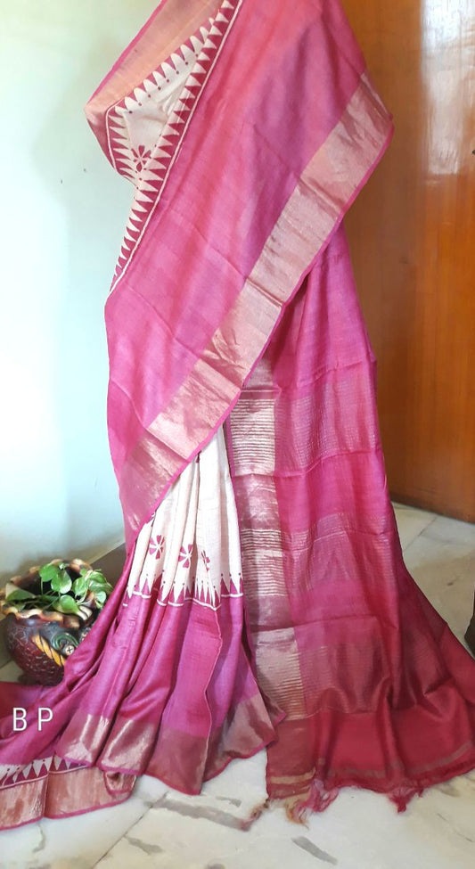 Pink  Zari KK Block Printed  Zari Border Pure Silk Mark Certified Tussar Silk Sarees - Dailybuyys