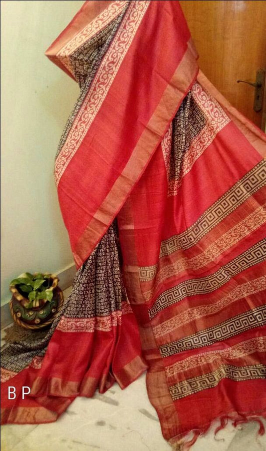 Red Brown  Zari KK Block Printed  Zari Border Pure Silk Mark Certified Tussar Silk Sarees - Dailybuyys