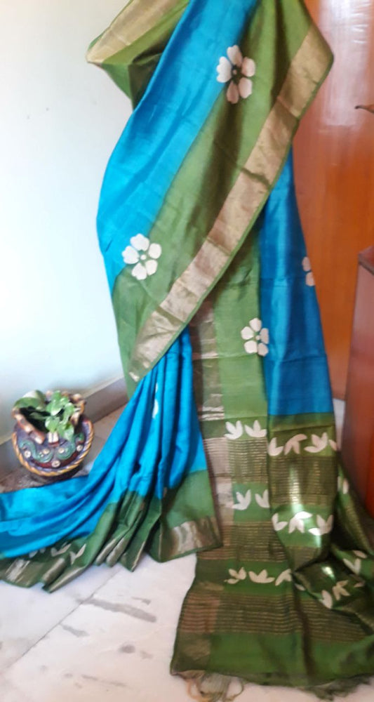 Blue Green Block Printed  Zari Border Pure Silk Mark Certified Tussar Silk Sarees - Dailybuyys