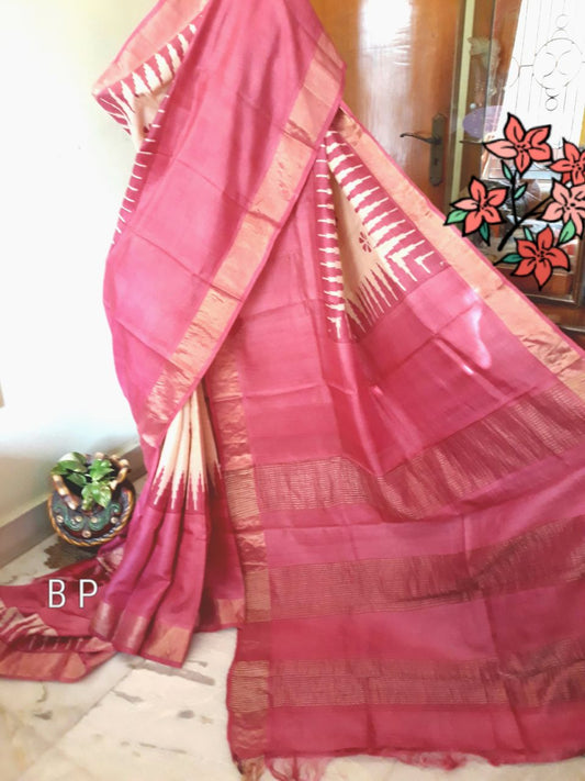 Pink  Zari KK Block Printed  Zari Border Pure Silk Mark Certified Tussar Silk Sarees - Dailybuyys