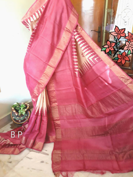 Pink  Zari KK Block Printed  Zari Border Pure Silk Mark Certified Tussar Silk Sarees