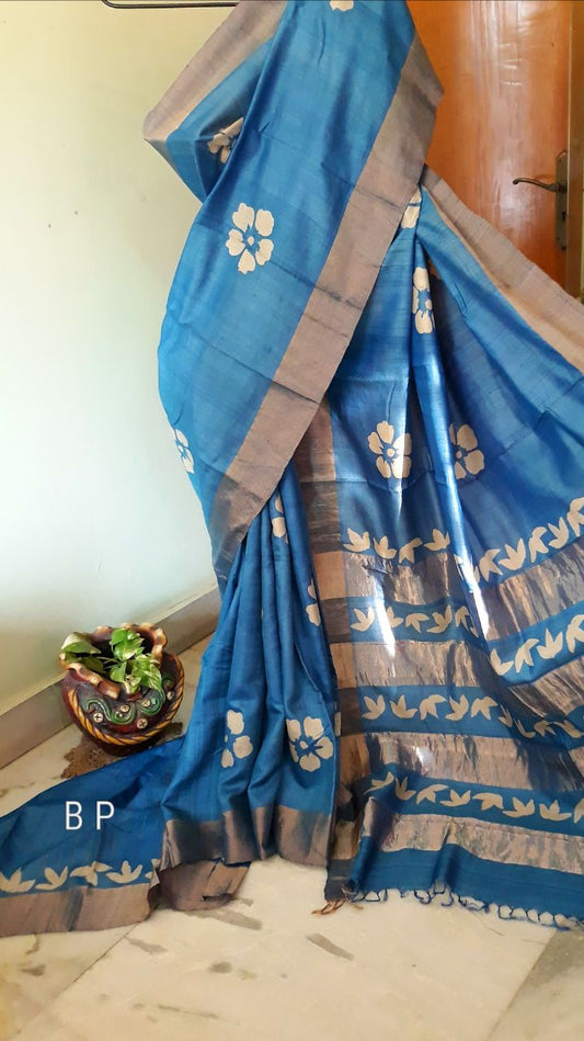 Blue  Block Printed Zari Border Pure Silk Mark Certified Tussar Silk Sarees - Dailybuyys