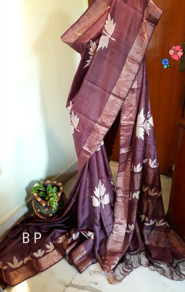 Purple  Zari KK Block Printed  Zari Border Pure Silk Mark Certified Tussar Silk Sarees