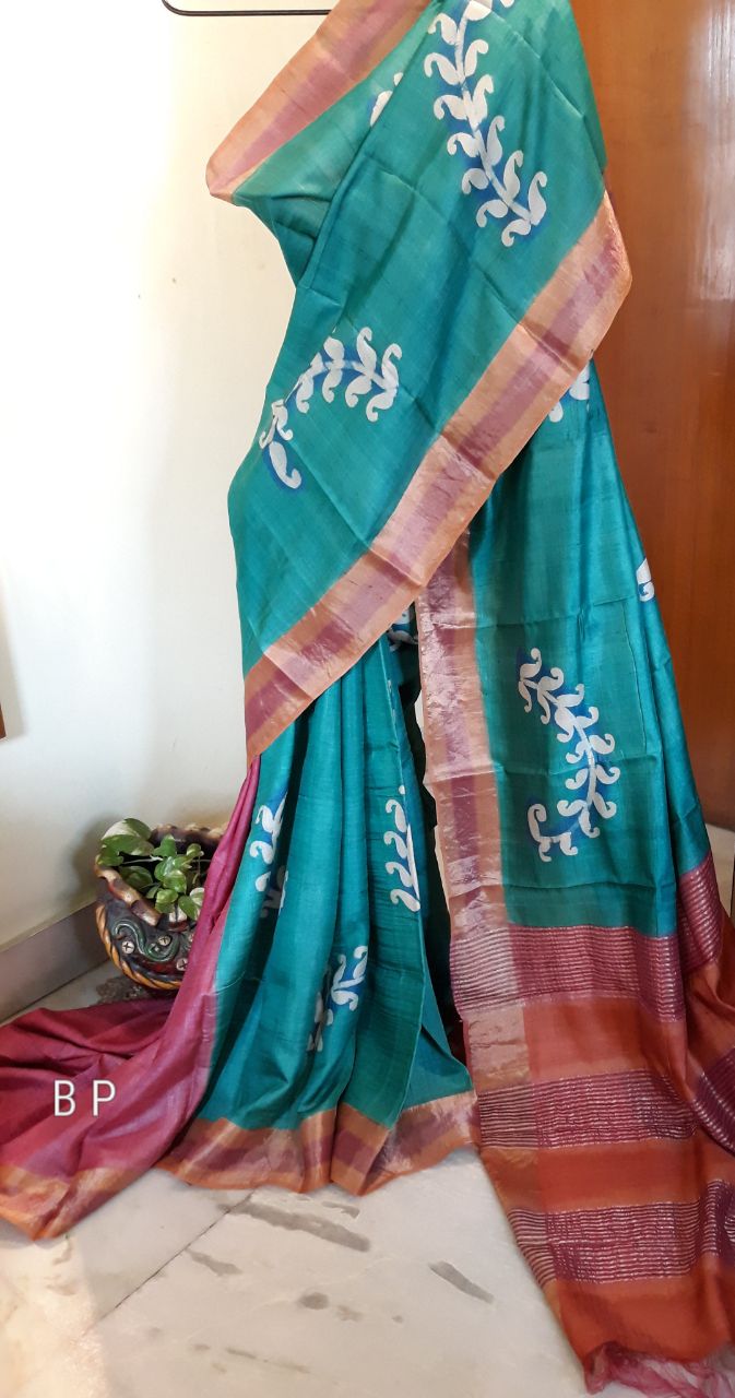 Teal Hand Painted Zari Border Pure Silk Mark Certified Tussar Silk Sarees - Dailybuyys