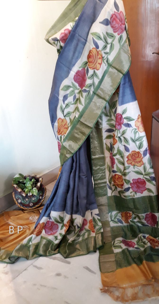 Grey Beige Hand Painted Pure Zari Border Pure Silk Mark Certified Tussar Silk Sarees - Dailybuyys