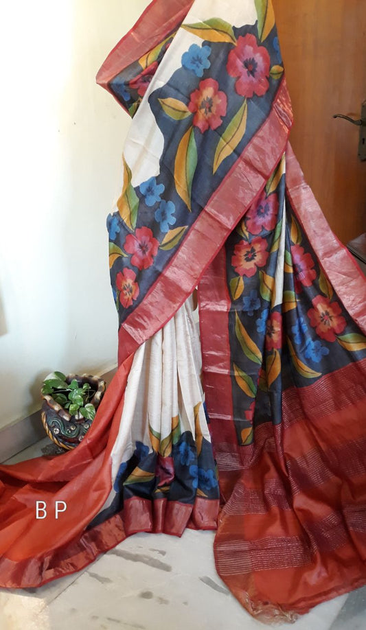 Beige Red Hand Painted Zari Border Pure Silk Mark Certified Tussar Silk Sarees - Dailybuyys