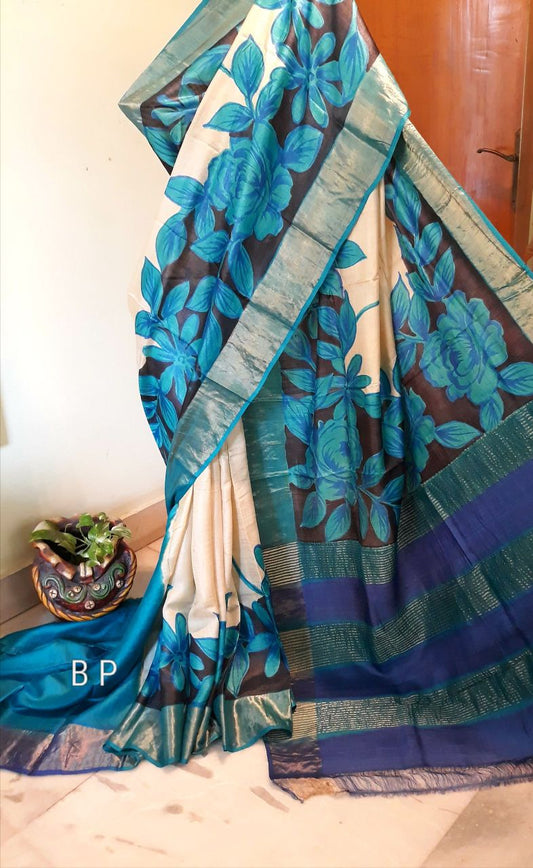 White Blue  Zari KK Hand Painted  Zari Border Pure Silk Mark Certified Tussar Silk Sarees - Dailybuyys
