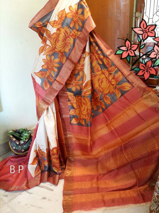 Orange White  Zari KK Hand Painted Zari Border Pure Silk Mark Certified Tussar Silk Sarees - Dailybuyys