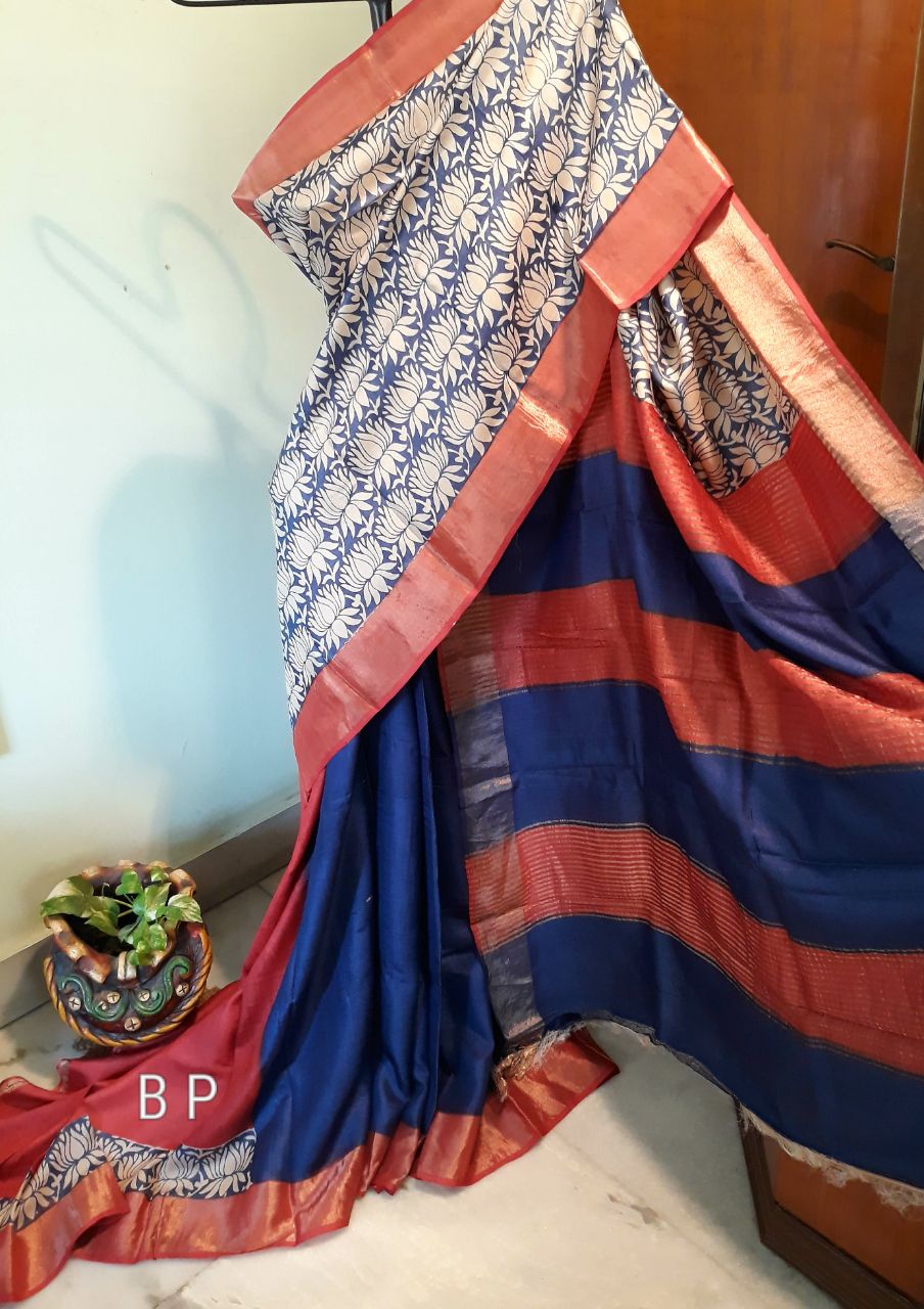 Blue Beige Block Printed Zari Border Pure Silk Mark Certified Tussar Silk Sarees - Dailybuyys
