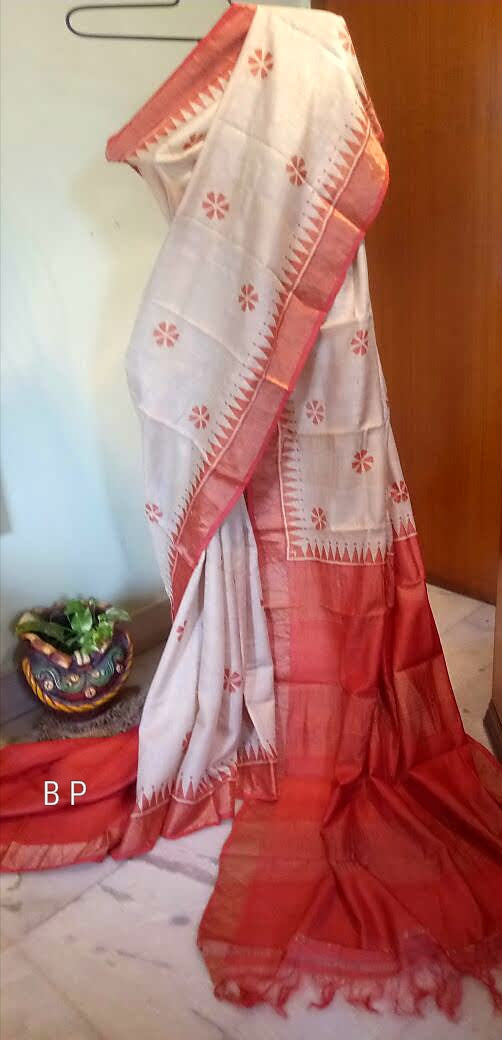 White Orange  Zari KK Block Printed Zari Border Pure Silk Mark Certified Tussar Silk Sarees - Dailybuyys