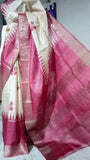 Pink White  Zari KK Block Printed Zari Border Pure Silk Mark Certified Tussar Silk Sarees