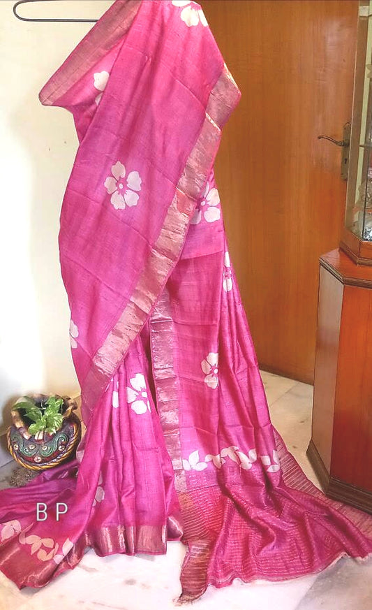 Pink  Zari KK Block Printed Zari Border Pure Silk Mark Certified Tussar Silk Sarees - Dailybuyys