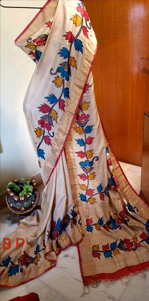 Beige  Hand Painted Zari Border Pure Silk Mark Certified Tussar Silk Sarees - Dailybuyys