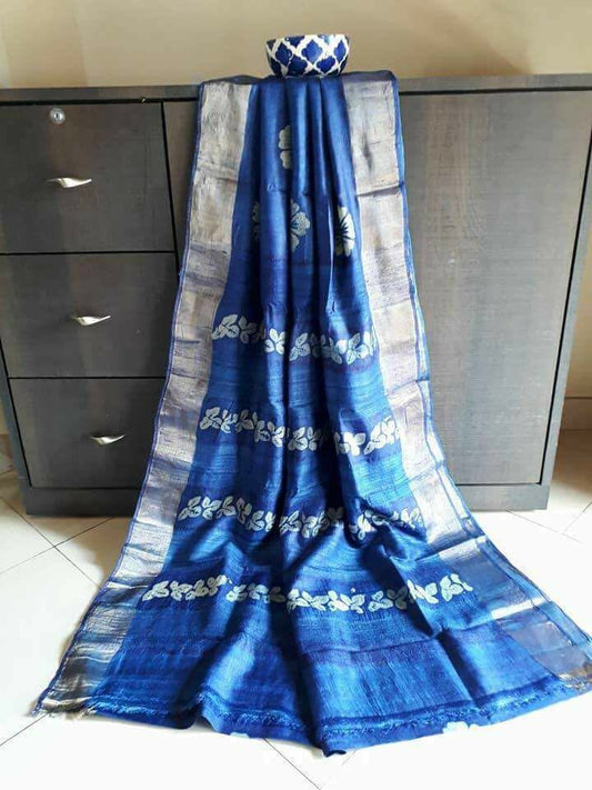 Blue Block Printed  Zari Border Pure Silk Mark Certified Tussar Silk Sarees - Dailybuyys