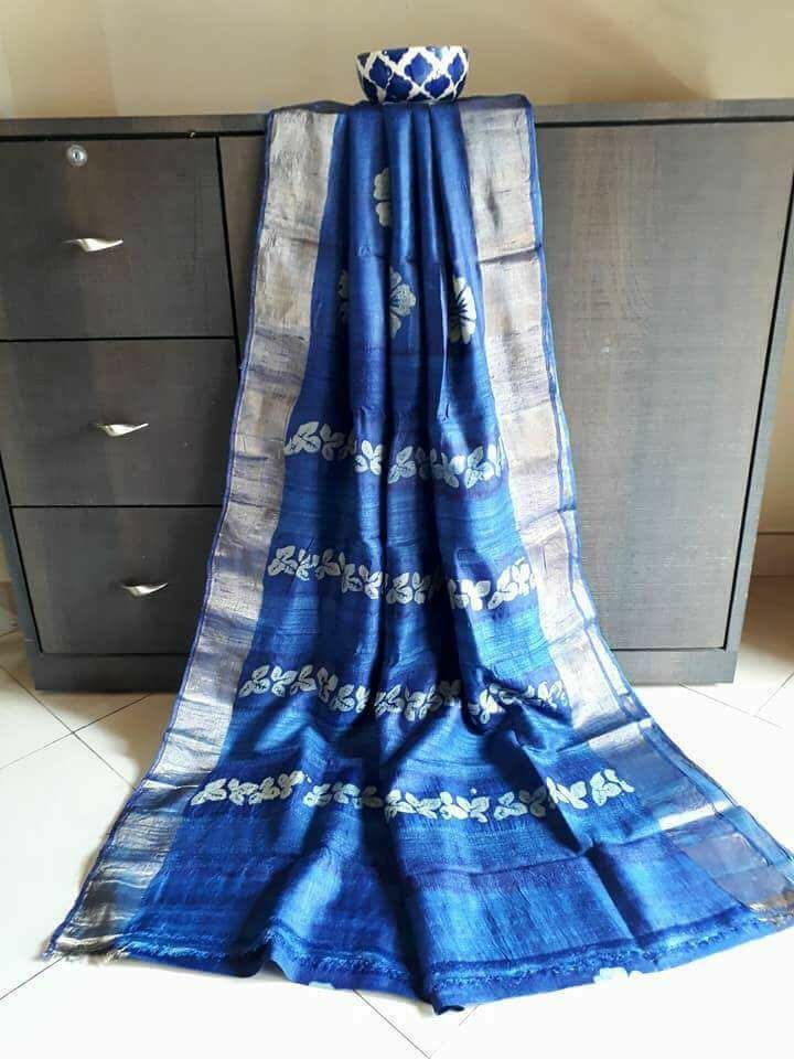 Blue Block Printed  Zari Border Pure Silk Mark Certified Tussar Silk Sarees