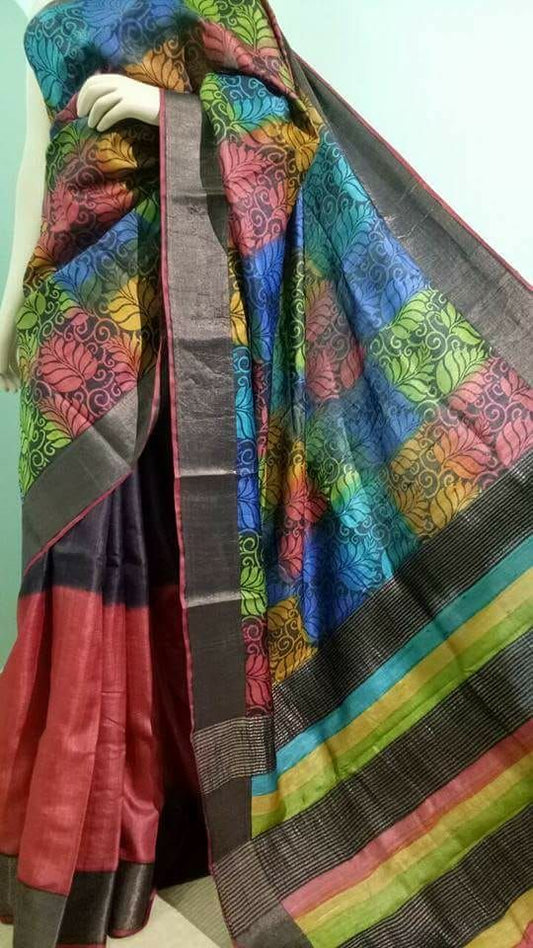 Blue Maroon  Hand Painted Zari Border Pure Silk Mark Certified Tussar Silk Sarees - Dailybuyys