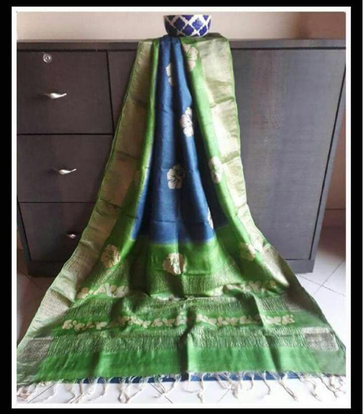 Blue Green Block Printed  Zari Border Pure Silk Mark Certified Tussar Silk Sarees