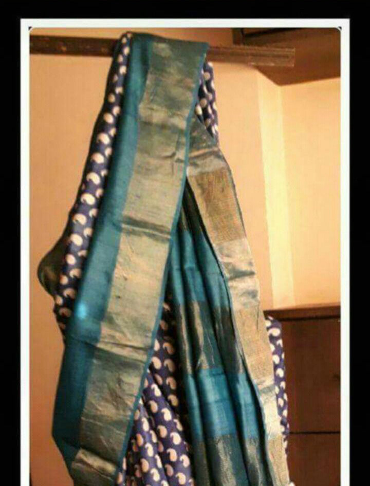 Blue Beige Block Printed  Zari Border Pure Silk Mark Certified Tussar Silk Sarees