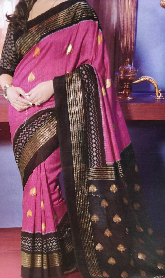 Pink Black Pure Linen Sarees - Dailybuyys