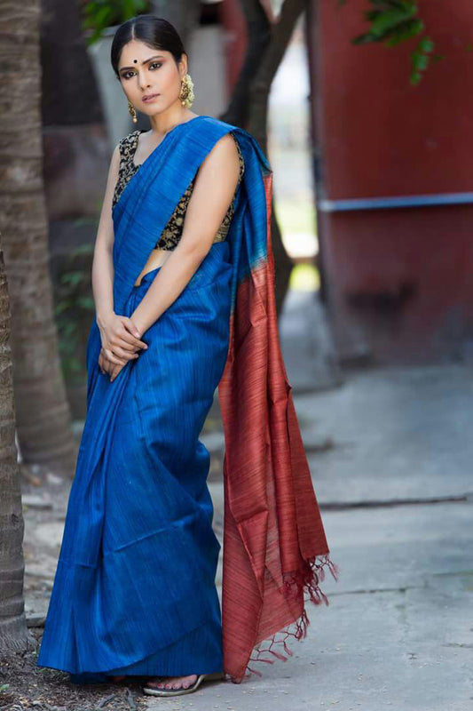 Blue Pure Silk Mark Certified Tussar Silk Sarees - Dailybuyys