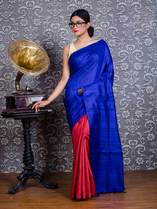 Blue Red Pure Silk Mark Certified Tussar Silk Sarees - Dailybuyys