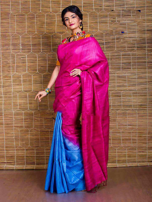 Pink Blue Pure Silk Mark Certified Tussar Silk Sarees - Dailybuyys